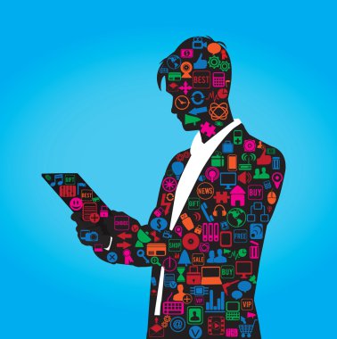 The silhouette of businessman with set of social media symbols clipart