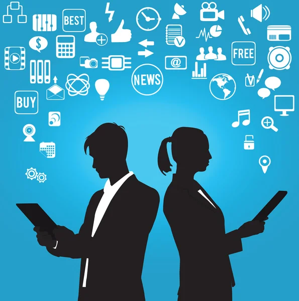 Silhouettes d'homme d'affaires et de femme d'affaires avec des symboles de médias sociaux — Image vectorielle