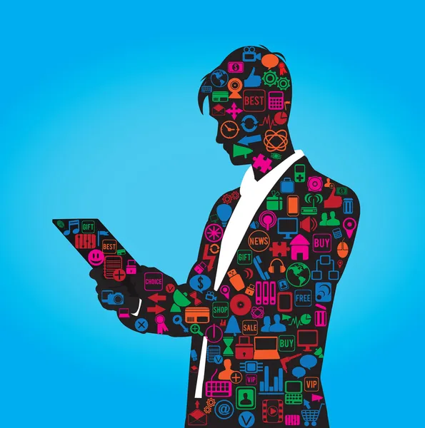 La silhouette de l'homme d'affaires avec un ensemble de symboles des médias sociaux Illustration De Stock