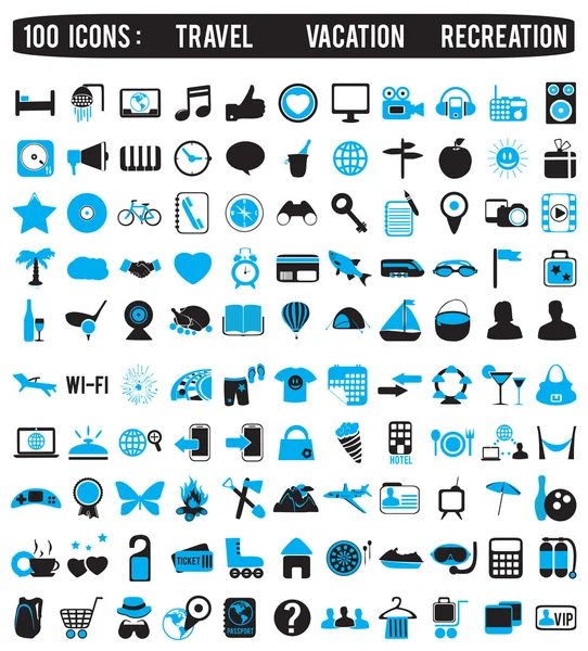 100 iconos para recreación de vacaciones de viaje — Vector de stock
