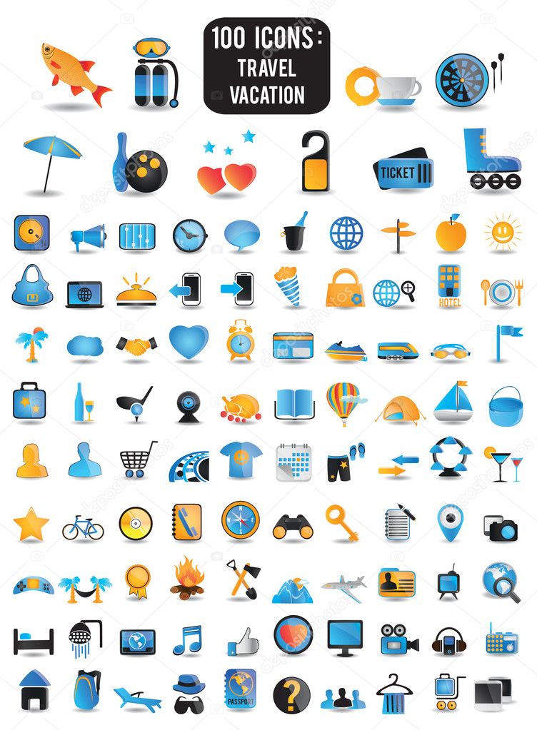 100 detailed icons for travel vacation recreation