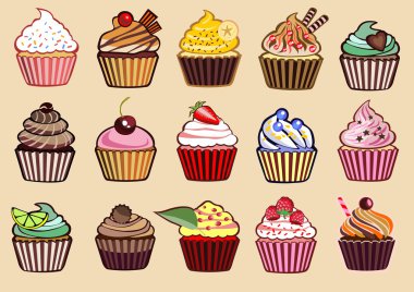 9 different delicious cupcakes vector illustration