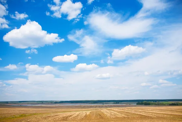 Paisagem com campo o rio e céu nublado — Fotografia de Stock