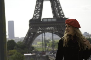 Close up of female model in red hat Eiffle tower clipart