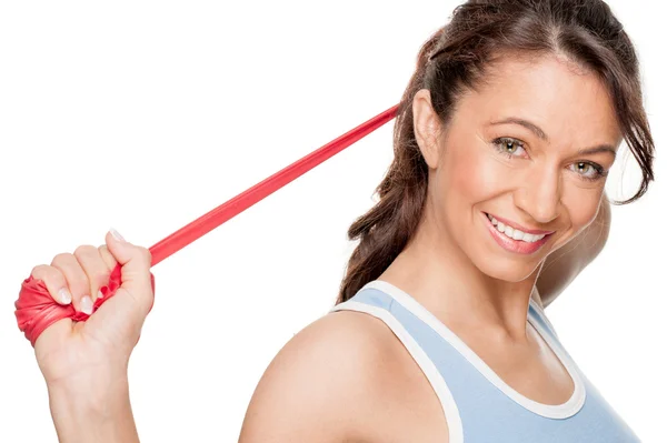 Woman with red rubber band — Stock Photo, Image