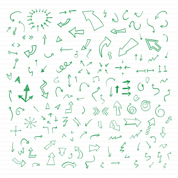 緑ベクトル硅手描きの矢印のセット. — ストックベクタ