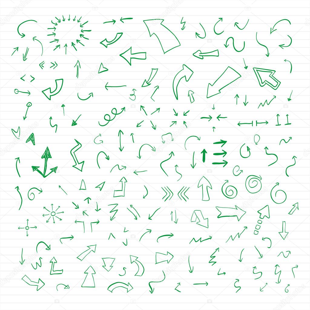 Set of green vector hand drawn arrows.