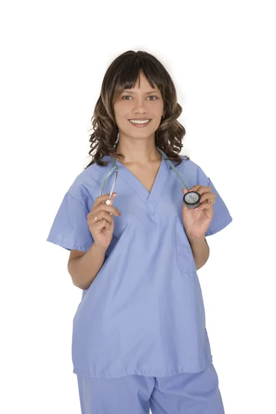 Médico o enfermera afroamericana que usa un fregadero con un estetoscopio aislado sobre un fondo blanco —  Fotos de Stock