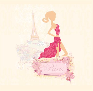 Paris 'te alışveriş yapan güzel kadınlar - vektör kartı