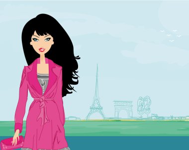 Beautiful women Shopping in Paris - vector card clipart