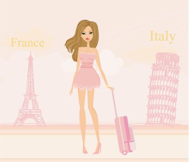 Beauty travel girl with baggage clipart