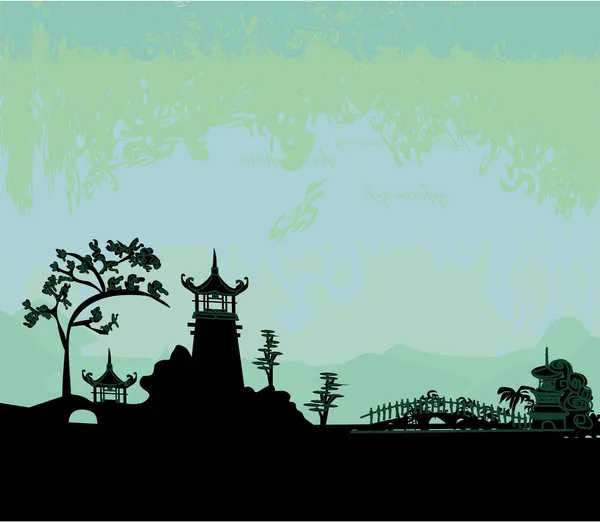 アジアの風景と古い紙 — ストックベクタ