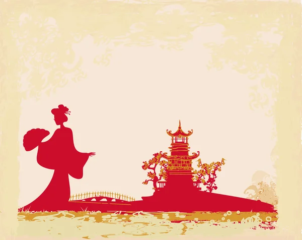 Viejo papel con geisha y paisaje asiático — Vector de stock