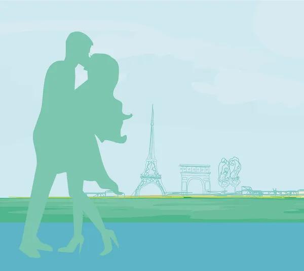 Romantický pár v Paříži líbající se poblíž Eiffelovy věže. Retro karta. — Stockový vektor