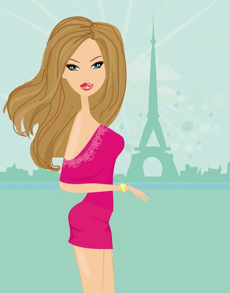 Beautiful women Shopping in Paris - vector card — Stock Vector