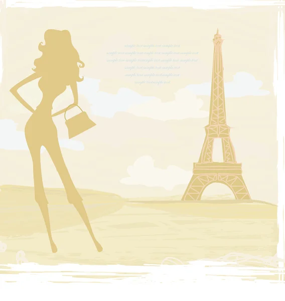 Hermosas mujeres Compras en París - tarjeta vectorial — Vector de stock