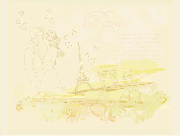 エッフェル塔の近くにキスをするパリのロマンチックなカップル。レトロカード. — ストックベクタ