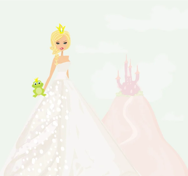 Hermosa princesa joven sosteniendo una rana verde grande — Vector de stock