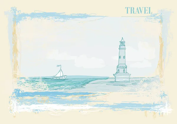 Küçük bir plajdan görülen deniz feneri - Grunge Posteri — Stok Vektör