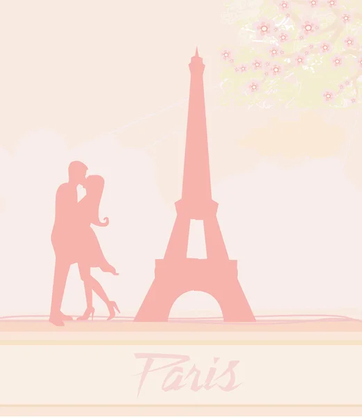 Paris 'te Eyfel Kulesi Retro kartının yanında öpüşen romantik bir çift. — Stok Vektör
