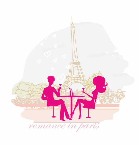 Casal jovem flerta e bebe champanhe em Paris —  Vetores de Stock