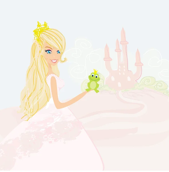Güzel genç prenses büyük yeşil bir kurbağa tutuyor. — Stok Vektör