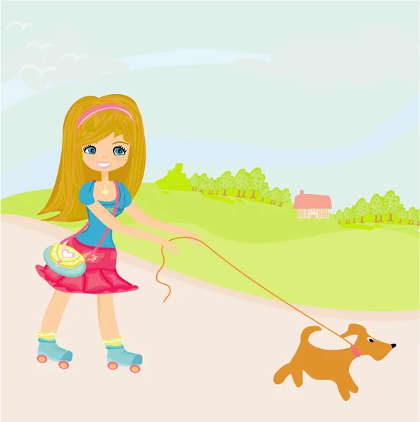 Sladká dívka a její štěně — Stockový vektor