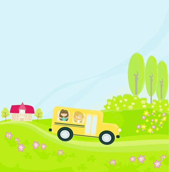 Autobus scolaire se dirigeant vers l'école avec des enfants heureux — Image vectorielle