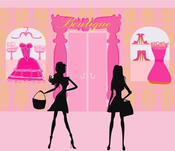 Silhouettes de mode filles Shopping dans la ville — Image vectorielle