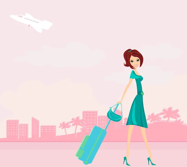 Beauty travel girl with baggage — Stock Vector