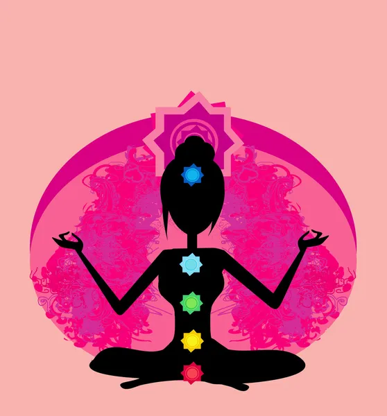 Postura de loto de yoga. Padmasana con puntos de chakra de colores — Archivo Imágenes Vectoriales