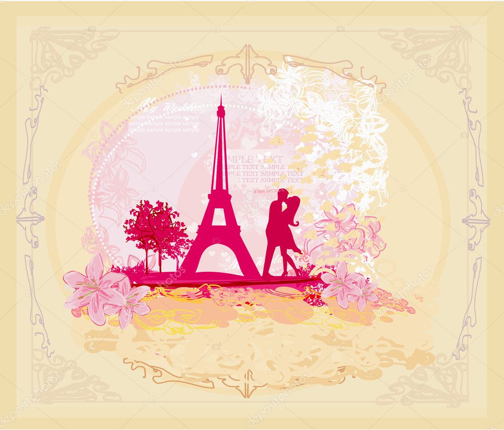 Romantic couple in Paris kissing near the Eiffel Tower Retro card