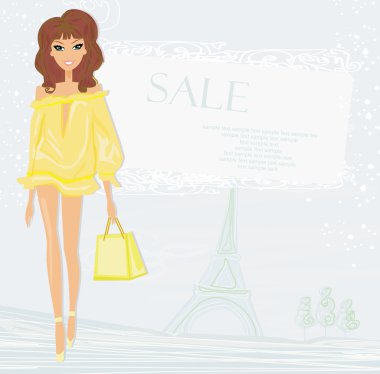 Beautiful women Shopping in Paris - vector card clipart