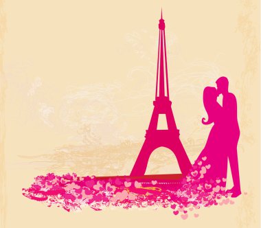 Romantic couple in Paris kissing near the Eiffel Tower. Retro card. clipart