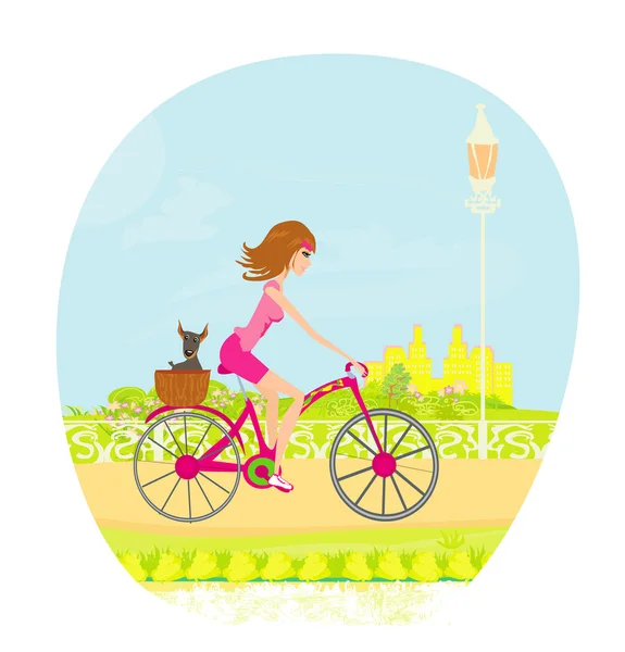 Şehirde bisiklet süren bir kadın. — Stok Vektör