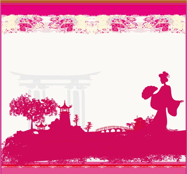 Old paper with geisha on Asian Landscape — Stock Vector