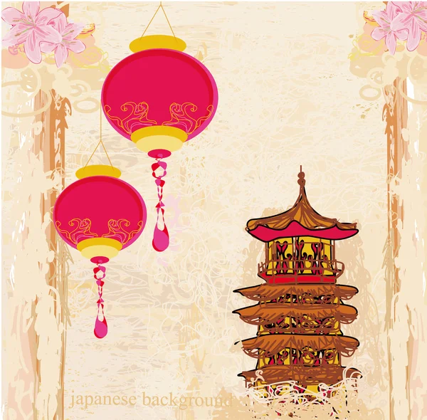 Papel velho com paisagem asiática e lanternas chinesas - vintage estilo japonês fundo — Vetor de Stock