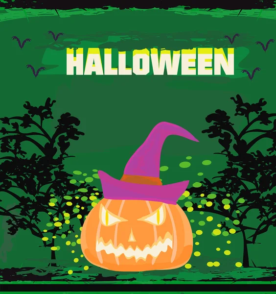 Gebroken halloween pompoen op grunge groene achtergrond vector illustratie — Stockvector