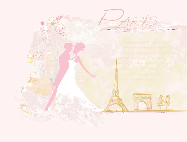 Romantisch stel in Parijs dansend bij de Eiffeltoren. Retrokaart. — Stockvector