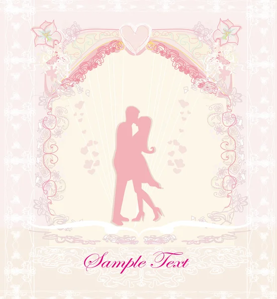 Tarjeta de felicitación floral con silueta de pareja romántica — Vector de stock