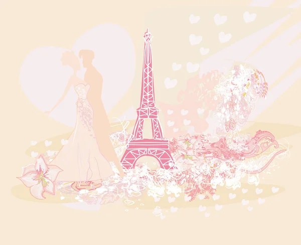 Romantic couple in Paris dancing near the Eiffel Tower. Retro card. — Stock Vector