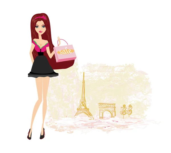 Belle donne Shopping a Parigi - carta vettoriale — Vettoriale Stock