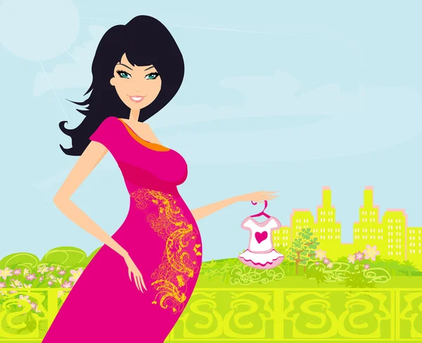 Piękna kobieta w ciąży na zakupy dla jej nowego dziecka Vector Illustration — Wektor stockowy