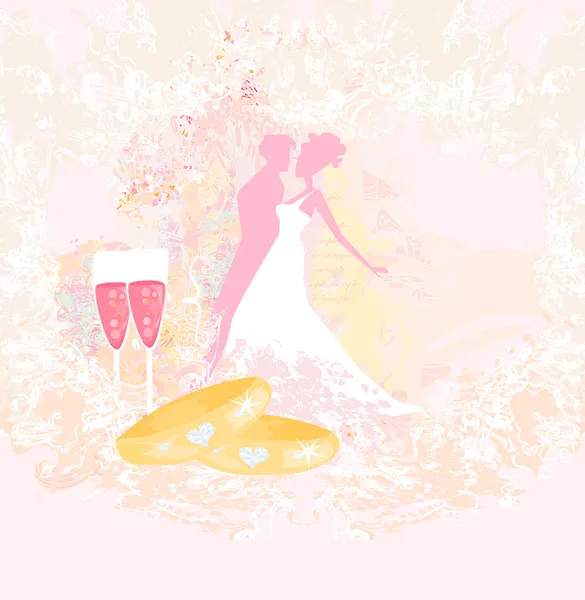 Elegantní svatební pozvánka s prsteny a svatebním párem — Stockový vektor