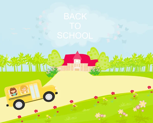 Ônibus escolar rumo à escola com crianças felizes —  Vetores de Stock