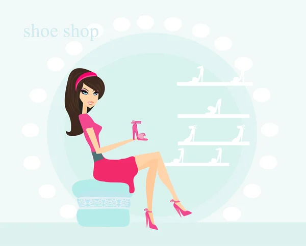 Mode flicka shopping i sko butik vektor illustration — Stock vektor