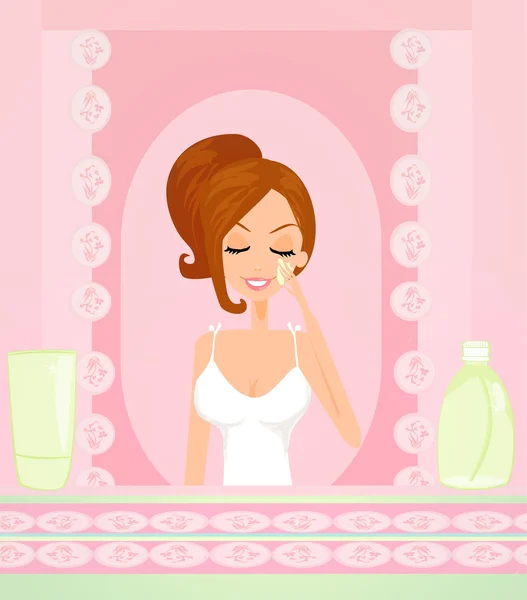 Cute woman applying moisturizer vector illustration — Stock Vector