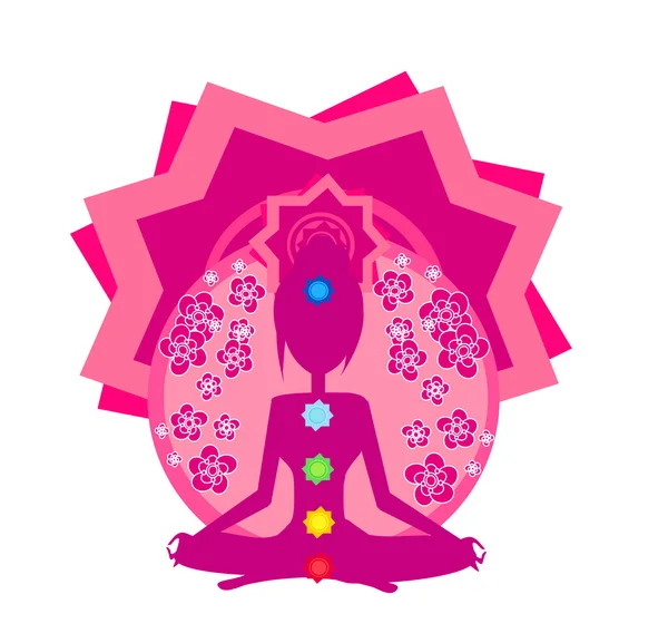 Yoga lotus pozează. Padmasana cu puncte de chakra colorate — Vector de stoc