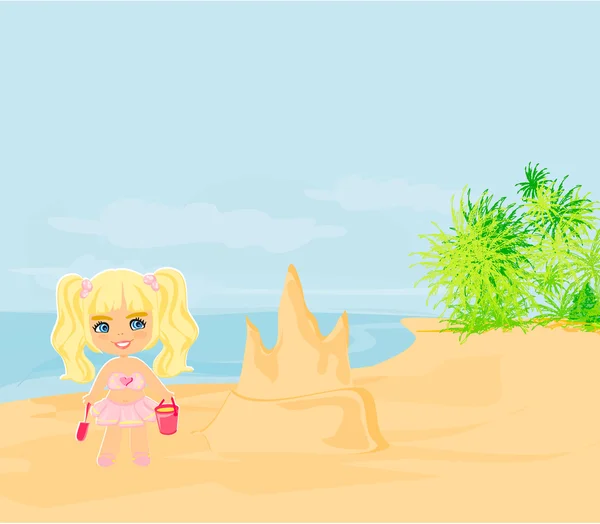 Иллюстрация маленькая девочка строит песчаный замок на пляже — стоковый вектор