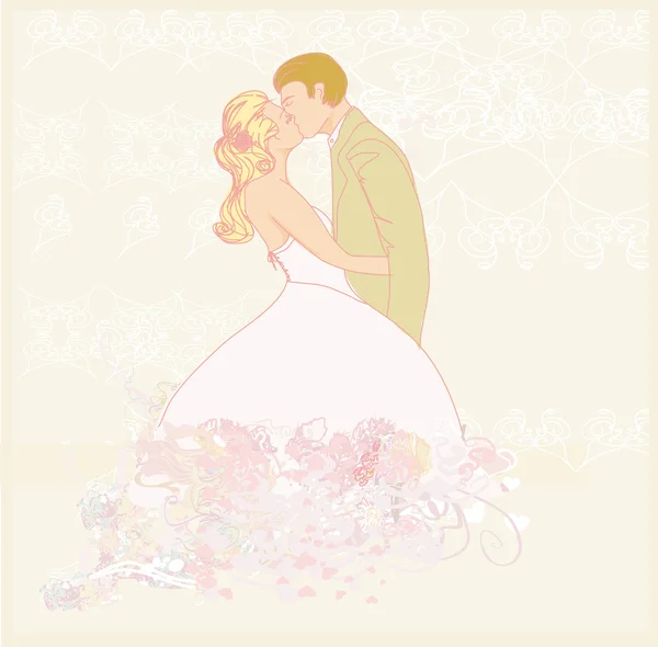 Wedding couple kissing - vintage background — Stock Vector